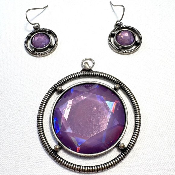 Amethyst Colored Bezeled Set Pendant and Pierced Dangle Earrings Set - Picture 1 of 4
